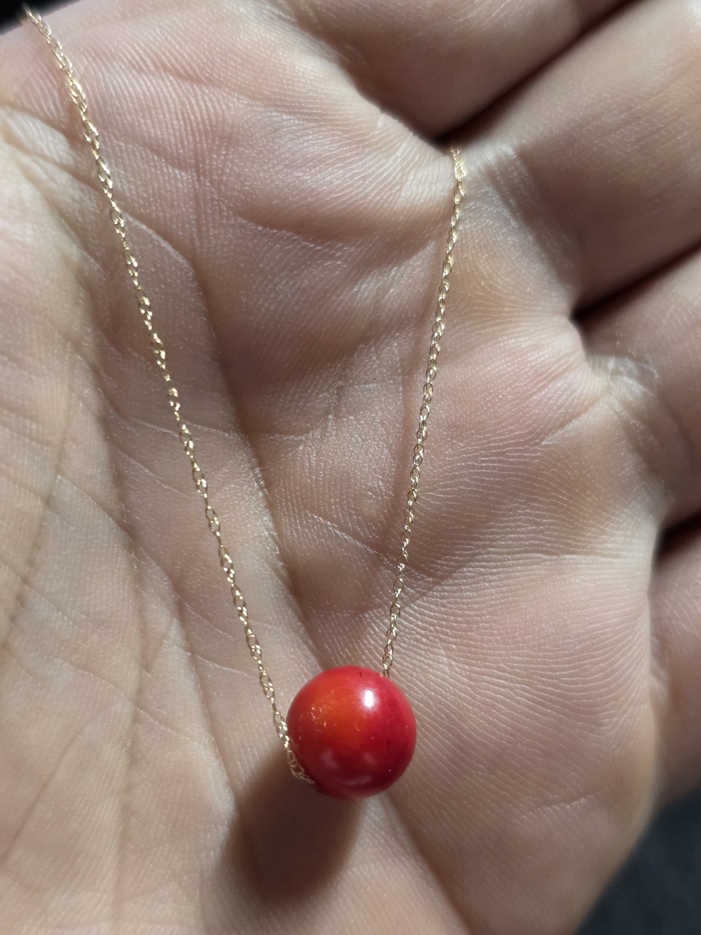 14K Gold Delicate Chain Necklace with Red Bead